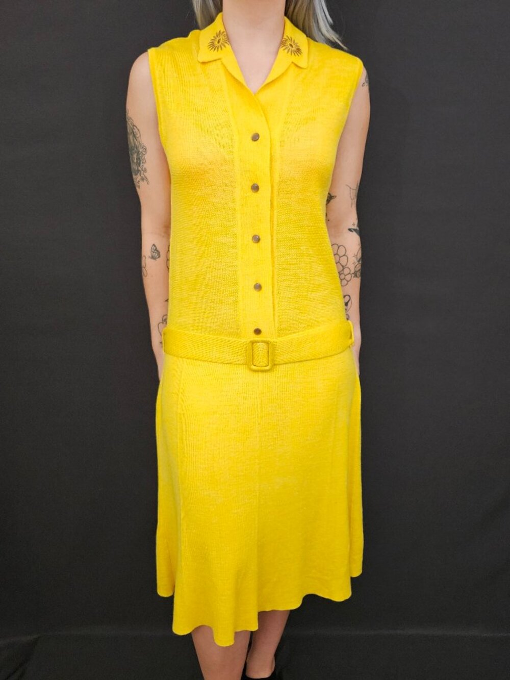 60s Mr. Harry International Yellow Sleeveless Drop Waist Belted Dress